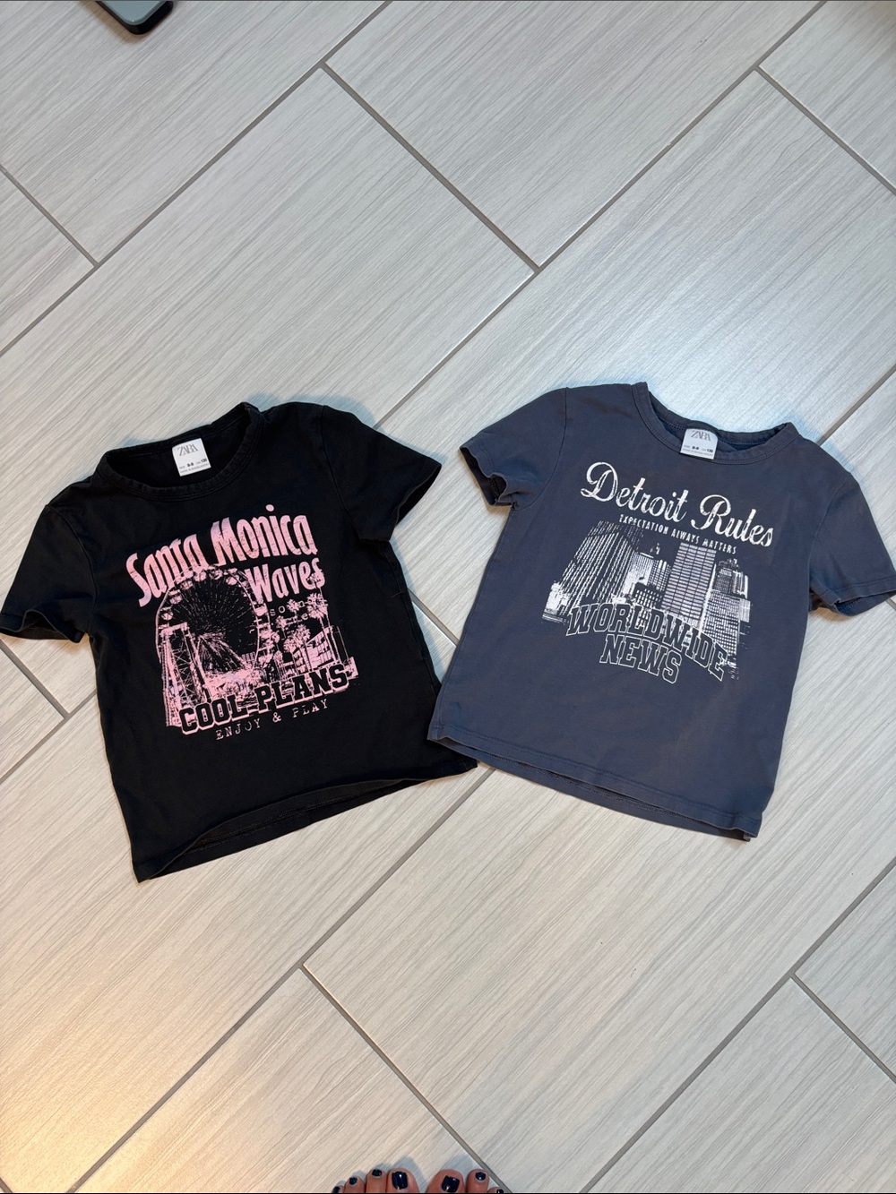 Girls Graphic Tees from Zara- Santa Monica Waves & Detroit Rules. Size 8-9